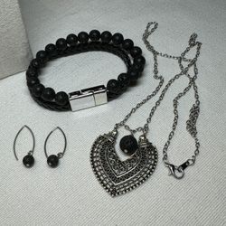 Lava Beads Necklace, Earrings And Bracelet Set