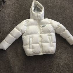 purple brand puffer jacket, white 