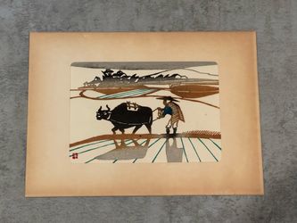Small 1966 Japanese Woodblock Print "Farmer and Ox" by Toshijiro Inagaki