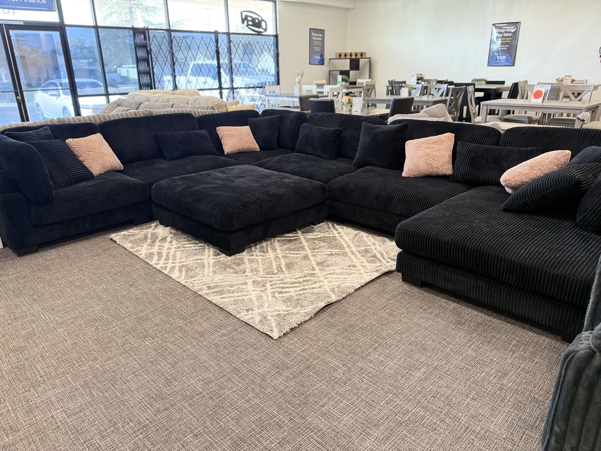 Black 7 Pc Corduroy Modular Sectional W/ Chaise Lounge - EZ $10 Down Payment Options Available