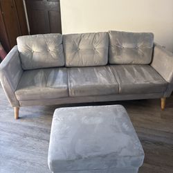 Light Grey Mid-Century Couch + Matching Ottoman – Great Condition