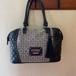 Guess Retro Handbag with Black Tassle - Black Leather & Fabric