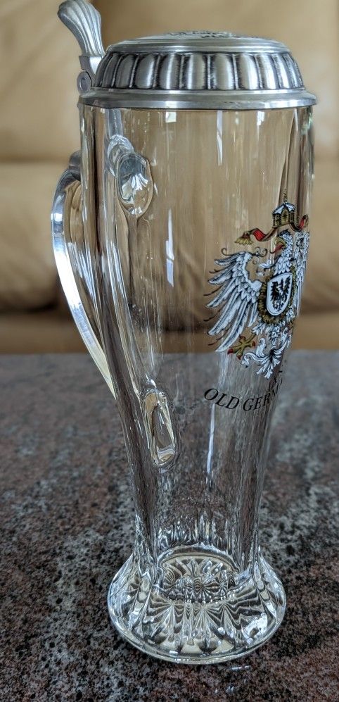 Vintage OLD GERMANY Glass Beer Stein, Pewter Lid, Vintage Stein,