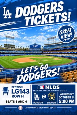 Dodgers vs. Brewers NLDS Tickets – Section LG143, Row H, Seats 3 & 4
