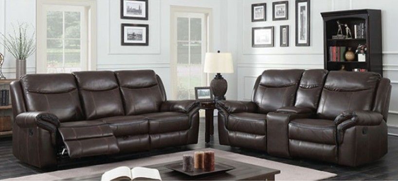 Brand New Plush Brown Leather Reclining Sofa & Loveseat w USB Outlets & Storage