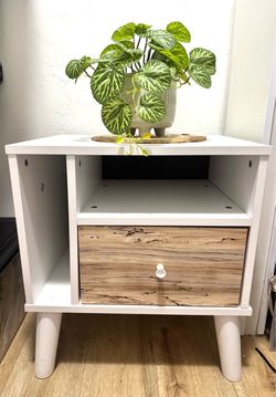 White Nightstand with Wood Drawer