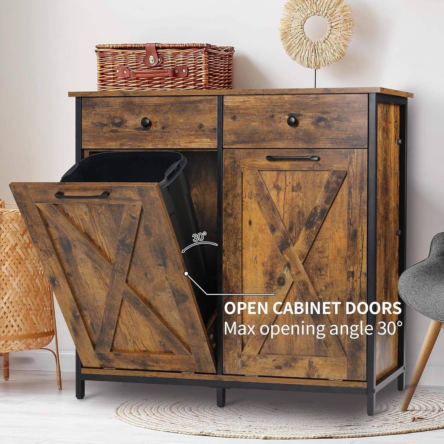 Double Tilt Out Trash Cabinet 10 Gallon*2,Kitchen Garbage Cabinet,Pet-Proof Standing Hidden Dual Laundry Sorter,W/Hideaway Drawer,for Kitchen