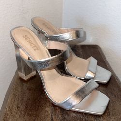 Schutz Saira Clear-Heel Metallic Leather Mules Size 9.5 