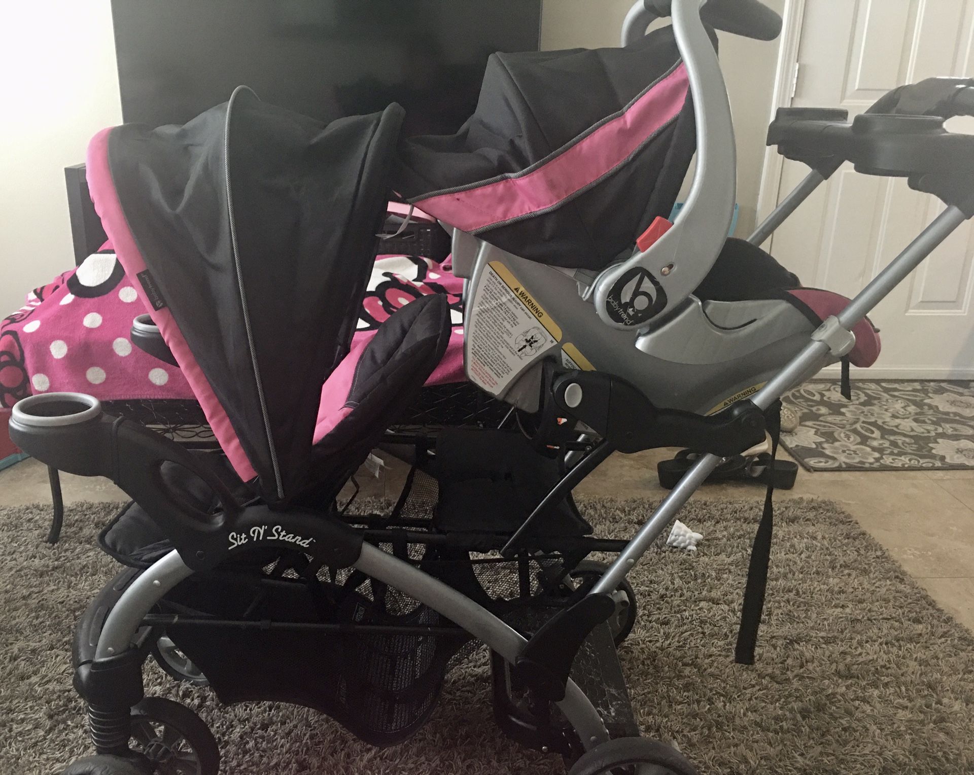 Baby Trend Double Stroller AND Car Seat AND Base for Baby Girl and Toddler Girl - Sits 2 Comes With... Double Stroller Matching C