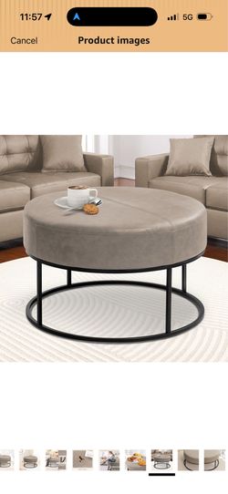 Round 30” coffee table / ottoman. Taupe faux leather. Brand new!