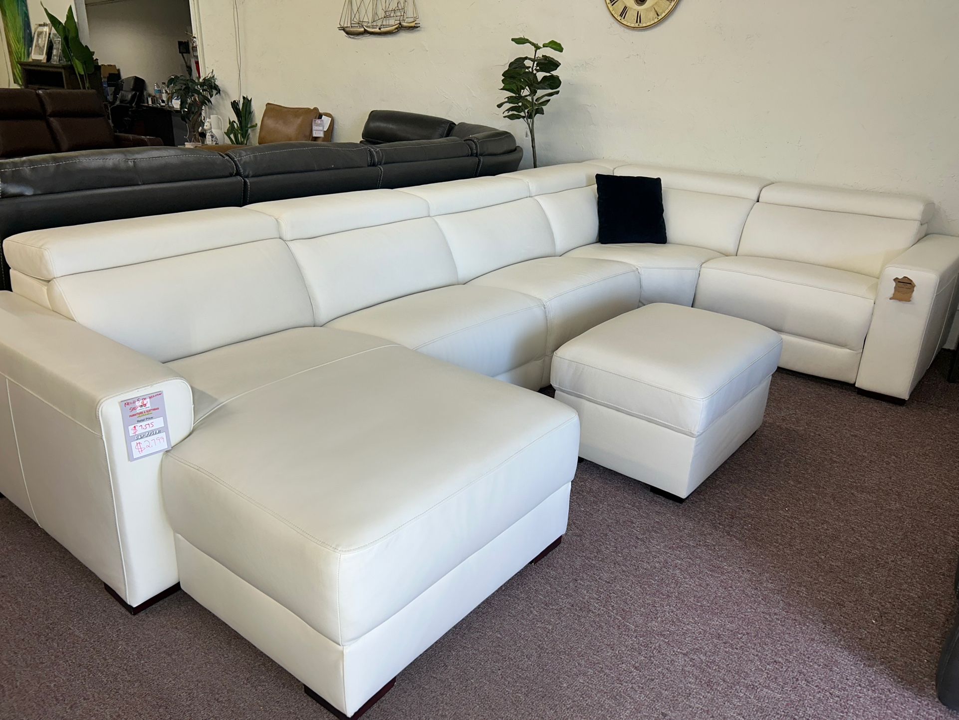 Furniture- Snow White 100% Real Top Grain Leather 5 Pc Sectional-Nevio