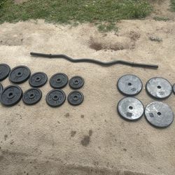Standard steel Curl bar  and weight plates