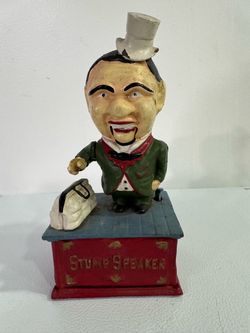 Cast Iron “Stump Speaker” Mechanical Bank – 10” Tall Collectible, VINTAGE, OLD & RARE!