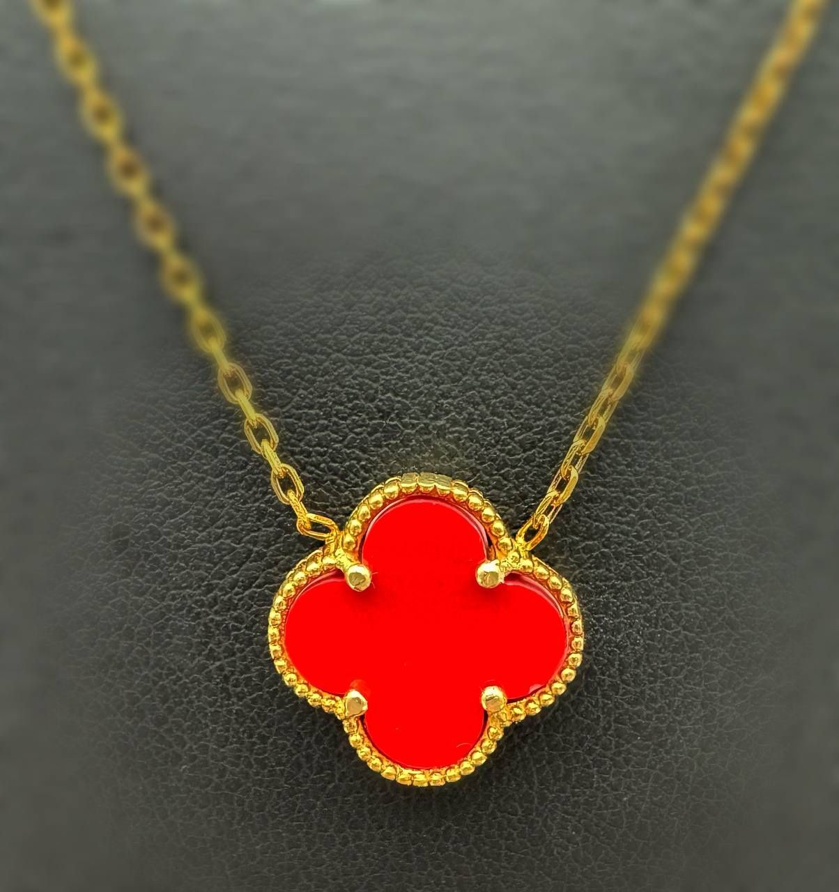 Jewelry 925 sterling silver Van cleef style Red clover shape necklace 20” 1mm