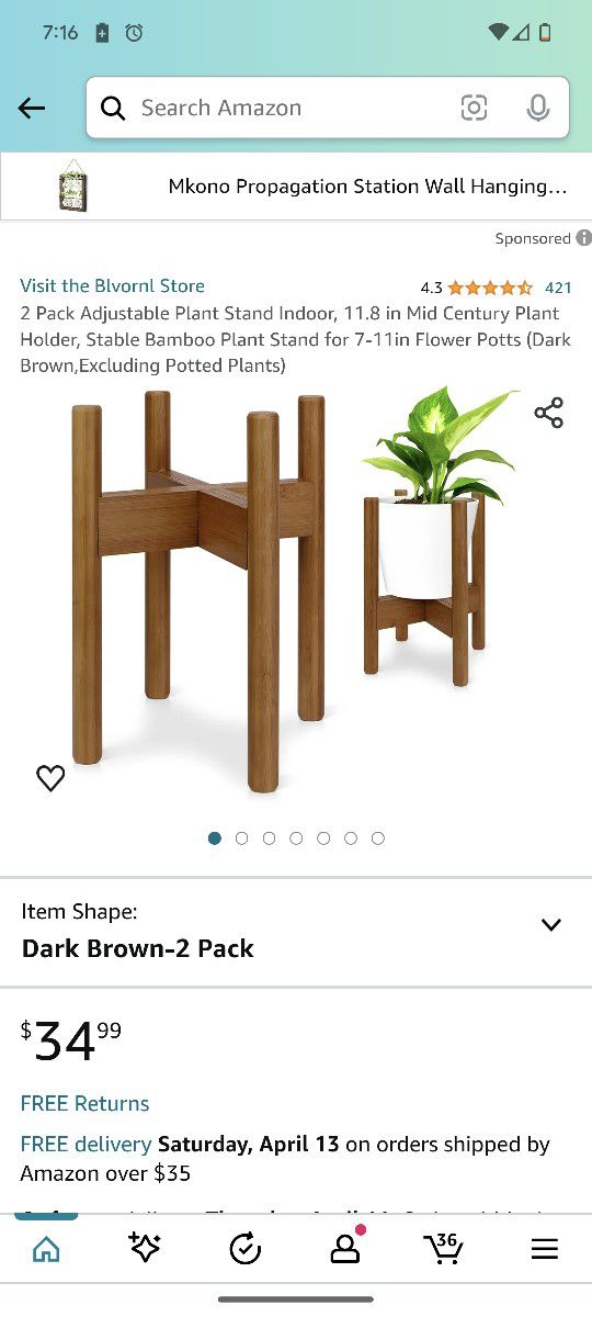 2 Pack Adjustable Plant Stand Indoor, 11.8 in Mid Century Plant Holder, Stable Bamboo Plant Stand for 7-11 in Flower Potts (Dark Brown, Excluding Pott