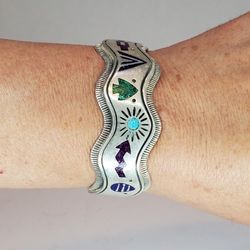 Carolyn Pollack 925 Sterling Silver Inlay Multi Color Storyteller Cuff Bracelet 