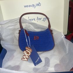 NWT in Box weavly.wu 5 x 9 crochet blue and burgundy crossbody MSRP $159