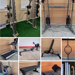 Gym/Fitness Equipment: Olympic Bumper Weight Plate Dumbbell Leg Press Squat Rack Smith machine