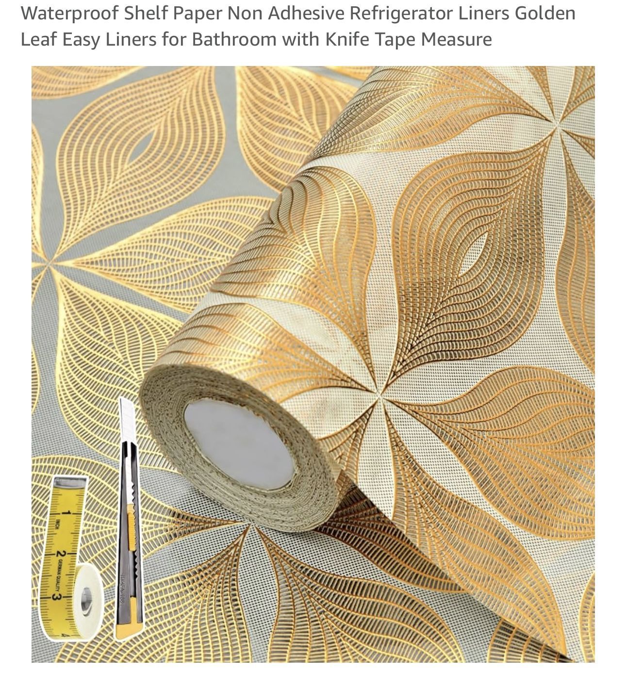 New Drawer Shelf Liner for Kitchen Cabinet: 23.6 in X 30 Ft Golden Leaf Waterproof Shelf Paper Non Adhesive Refrigerator Liners