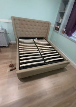 Beige Upholstered Bed Frame with Tufted Headboard