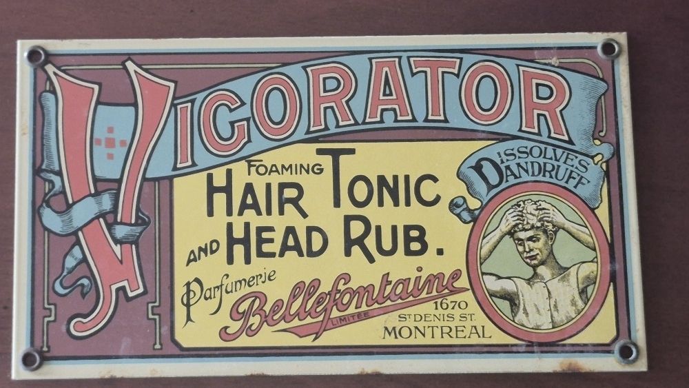 1920s VIGORATOR HAIR TONIC AND HEAD RUB METAL PORCELAIN SIGN