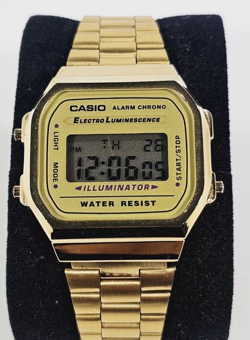 Casio A168WG-9A Unisex Gold Stainless Steel Digital Alarm Eliminator Light