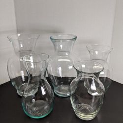flower vases * set of five clear glass, classic olpe  urn teardrop shape
