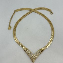 Vintage CD Christian Dior V-Shaped Gold-Tone with Crystals 16" Choker Necklace