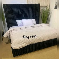 Black fur chenille king bed frame 
