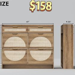 😀 Rattan Shoe Storage Cabinet with 4 Flip Drawers & 2 Drawers, Freestanding Organizer for Front Door Entrance, Hidden Narrow Shoe Rack Cabinet Storag