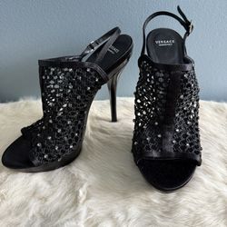 Versace Black Mesh Rhinestone Embellished Strass Heels