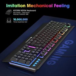 KOORUI Wired 104 Keys Gaming Keyboard and Mouse Combo,Rainbow Backlit Quiet Computer Keyboard, Light Up Keyboard with All-Metal Panels & 3200 DPI Mous