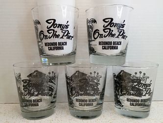 Vintage 'Tony's On The Pier' Redondo Beach Lowball Double Old Fashioned Mai Tai Cocktail Barware Glasses Set of 5!