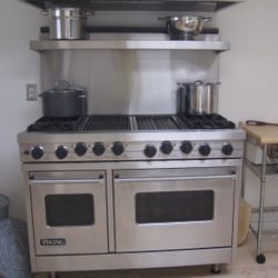 Viking Stove Dual Fuel, Hood And Backsplash With Warming Shelf