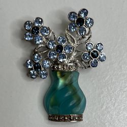 Vintage Avon Flower Bouquet Vase Silver Tone With Blue Rhinestones Brooch Pin