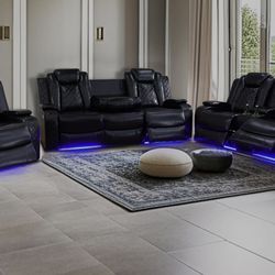 Power Electric Black Leather Fully Reclining Three Piece Couch Set