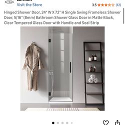 Hinged Shower Door, 24" W X 72" H Single Swing Frameless Shower Door, 5/16" (8mm) Bathroom Shower Glass Door in Matte Black, Clear Tempered Glass Door