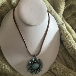 Vintage Turquoise Stone Pendant From 1970's on Leather Rope "Chain"