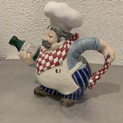 Essential ceramic fits and Floyd pitcher Italian chef with wine vino jug , chef tea pot 10” tall  Utensils holder , there is a very tiny chip on the p