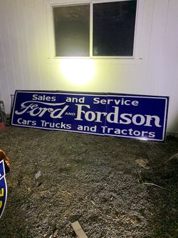 FORD AND FORDSON SALES AND SERVICE CARS TRUCKS AND TRACTORS PORCELAIN SIGN VERY LARGE 30 x 120 INCHES