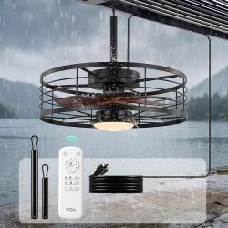 Waterproof Ceiling Fan with Light: 20 Inch Black Metal Cage Design with 7 Blades for Patio, Porch, Gazebo, Remote Control, 6 speeds, Dimmable LED, DC 