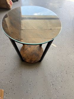 Round Glass Top End Table with Wood Shelf