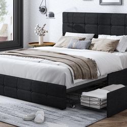 Modern Upholstered Bed Frame with 4 Storage Drawers