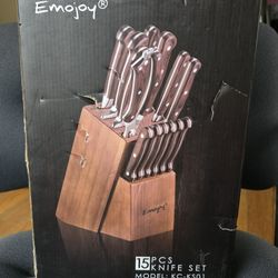 Emojoy German Stainless 15 Piece Knife Set w/ Dark Pakka Wood Handles And Block