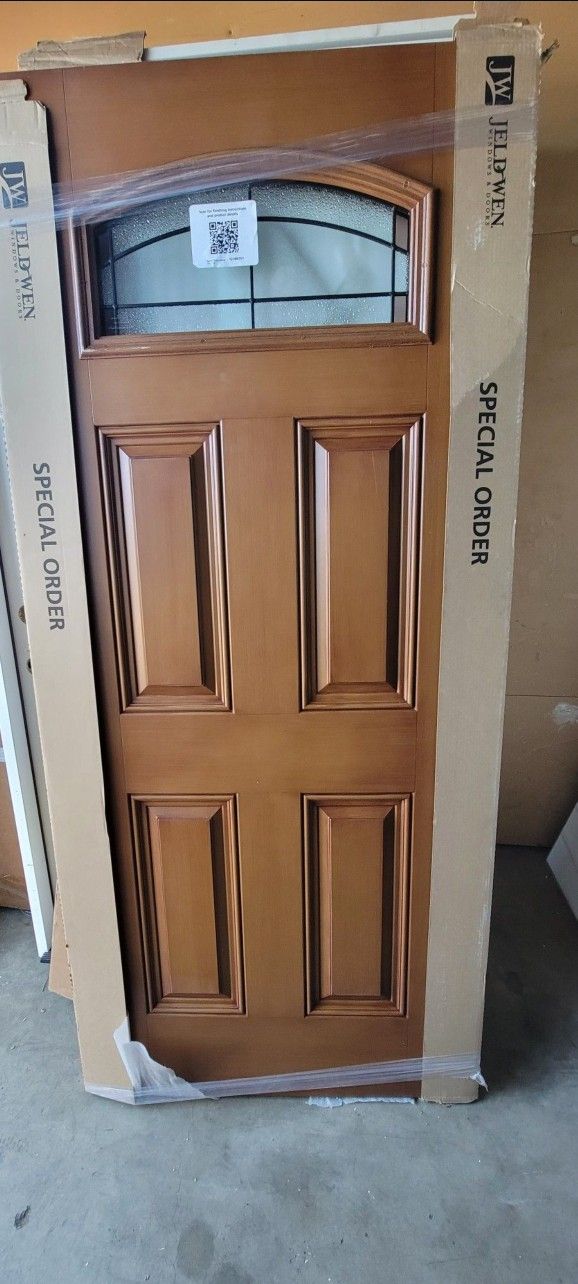 36 in. x 80 in. Camber Top Ballantyne Decorative Glass Mocha Fiberglass Front Door Slab