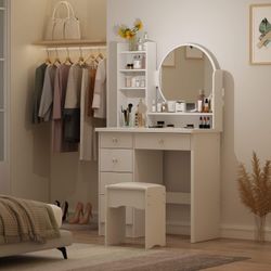 31.5" Wide Makeup Vanity Set with Stool and Mirror Dress Up Desk - 31.5"W White Matte, White Finish