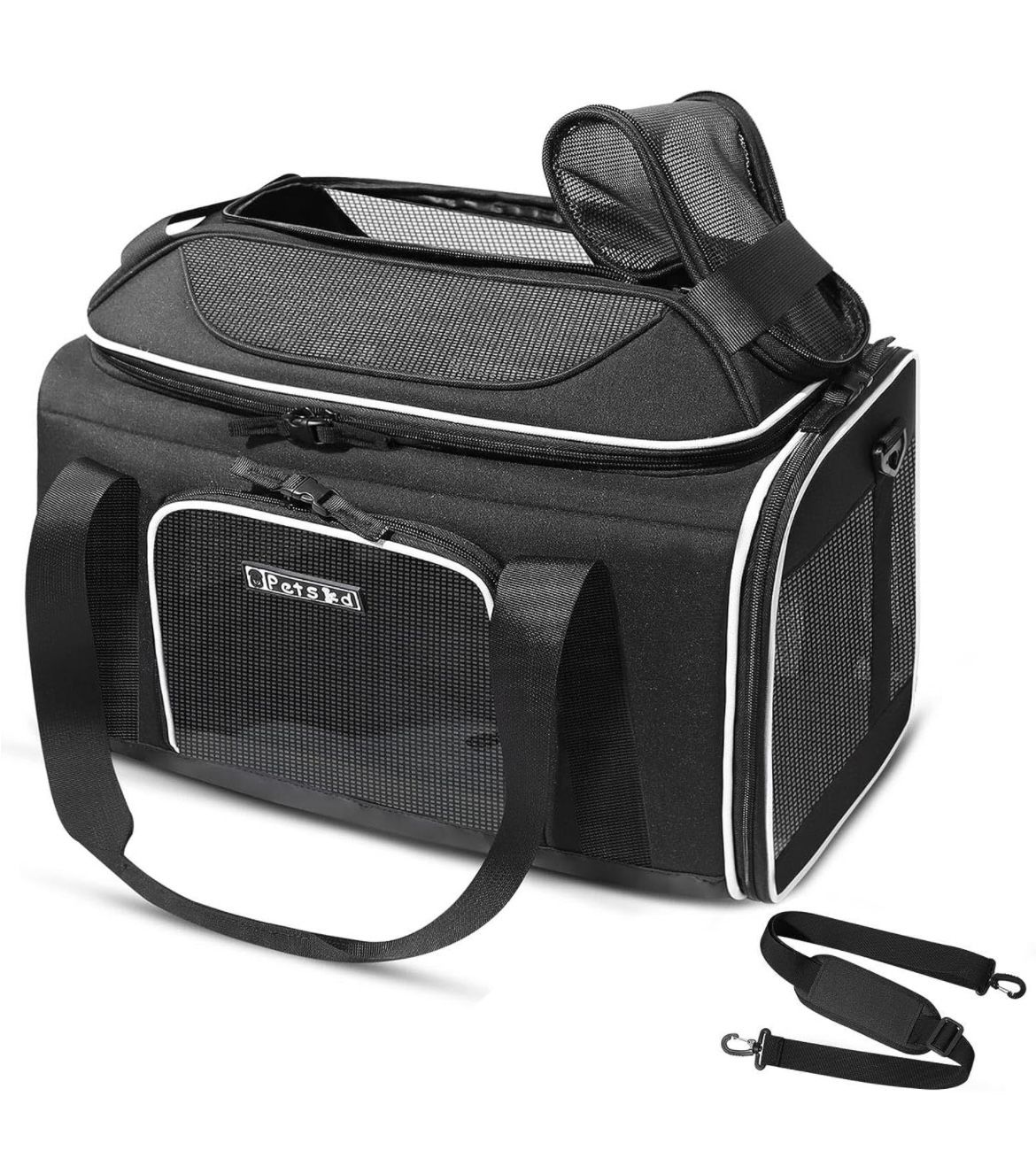 Top-Expandable Pet Carrier 17x13x9.5” Airline Approved, Soft-Sided Locking Safety Zip Black NEW