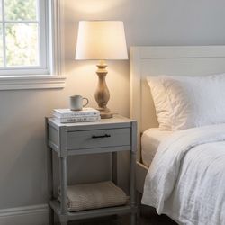 Modern Gray Slat Wood Nightstand / End Table with Drawer