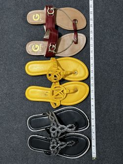 Bundle of 3 pairs of sandals, including black, yellow, and red styles #sandals #shoes  Size 6, 6.5, and 7