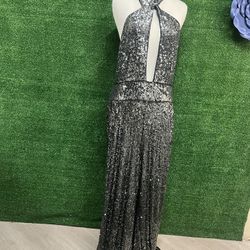 Maeve By Anthropologie Silver Black Sequin Backless Jumper size 12 NWT 